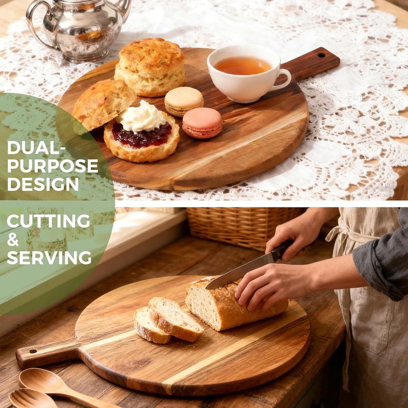 S310 Acacia Wood Round Cutting Board with Handle, Wooden Chopping Board for Meat, Cheese, Bread & Vegetables, Decorative Charcuterie Serving Board for Kitchen Cooking, Pizza & Party Dining, 17"x13" - Image 5